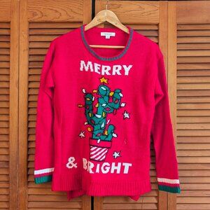 Ugly Christmas Sweater – Bright Red Cactus Design with Green Accents & Lights